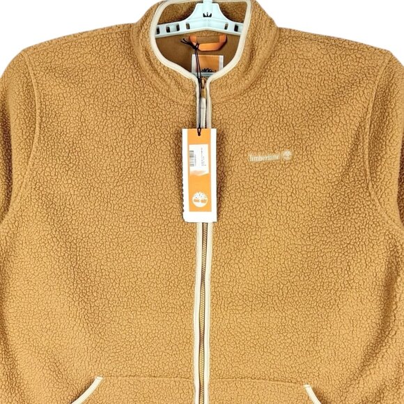 NWT Timberland Mens Full Zip Fleece Tan Sherpa Jacket Size Large Stand-up Collar - Picture 2 of 11